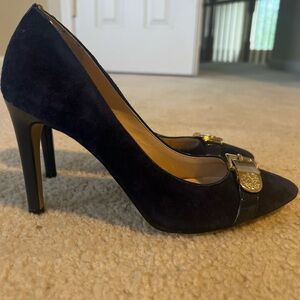 Vince Camuto Navy Blue Suede Heels with Gold Buckle Size 6